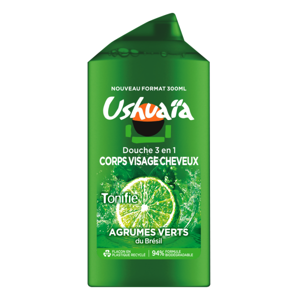 Ushuaïa - Gel douche 3 en 1 tonifiant Corps Visage Cheveux aux agrumes verts du Brésil - 300ml