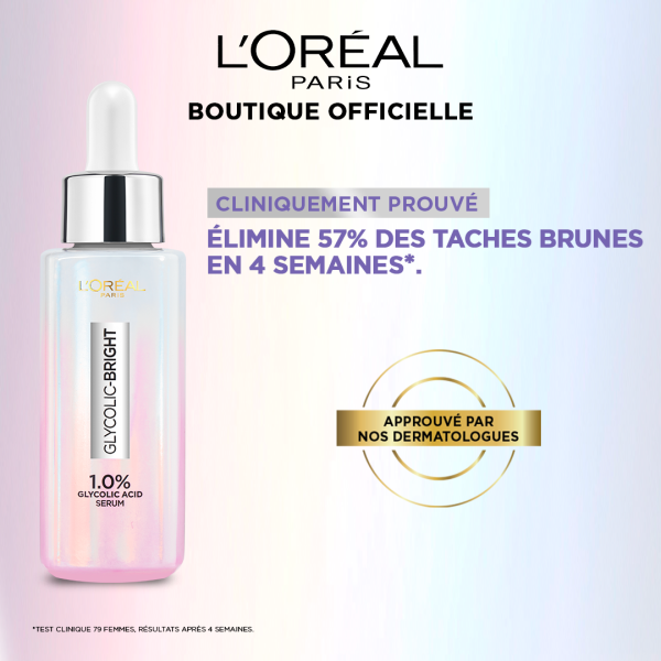 Sérum Visage Glycolic-Bright 1% d'Acide Glycolique pour une peau éclatante et uniforme - 30 ml - L'Oréal Paris